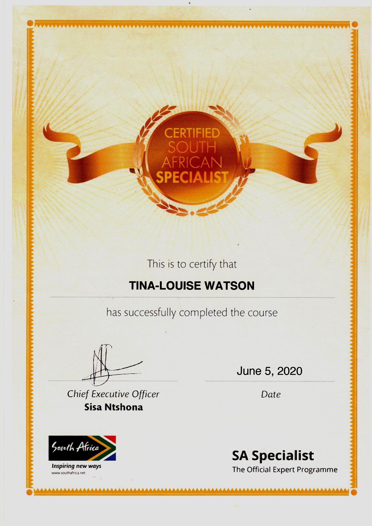 Certified South African Specialist certificate for Tina-Louis Watson - Course completion