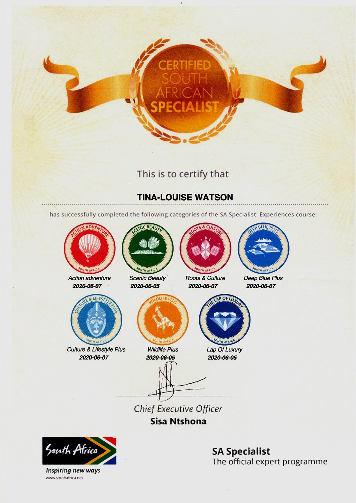 Certified South African Specialist certificate for Tina-Louis Watson - Categories